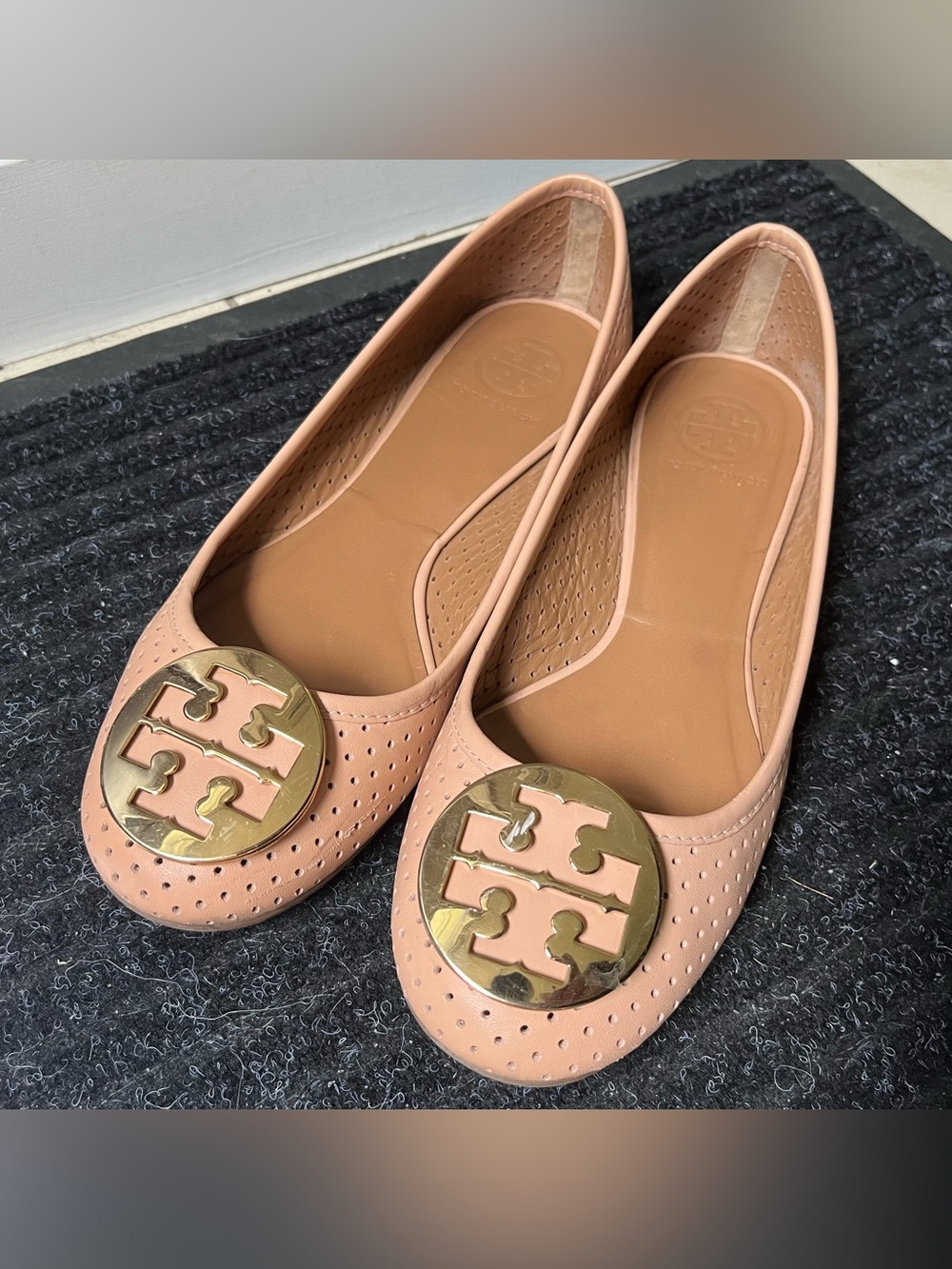 Tory Burch Blush Pink Leather Logo Round-Toe Ballet Flats